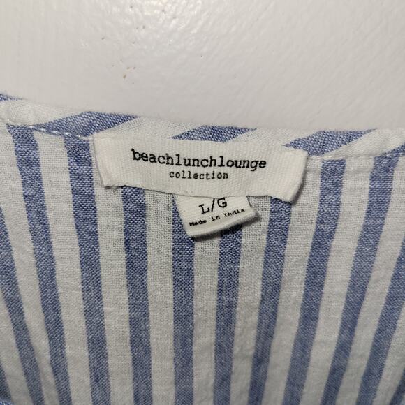 Beach Lunch Lounge Linen Dress Large Tiered Blue White Striped Puff Cottagecore - Picture 3 of 10